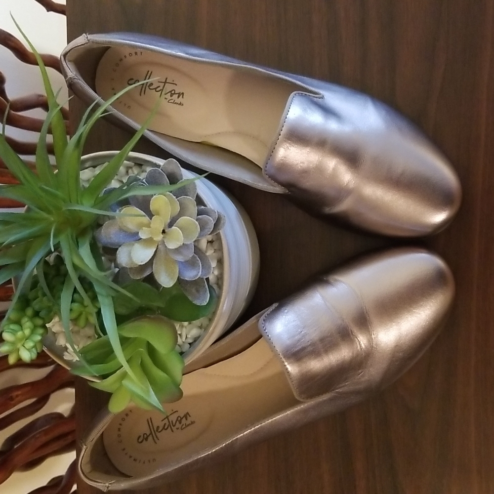 Silver Metallic Leather Clarks Flats